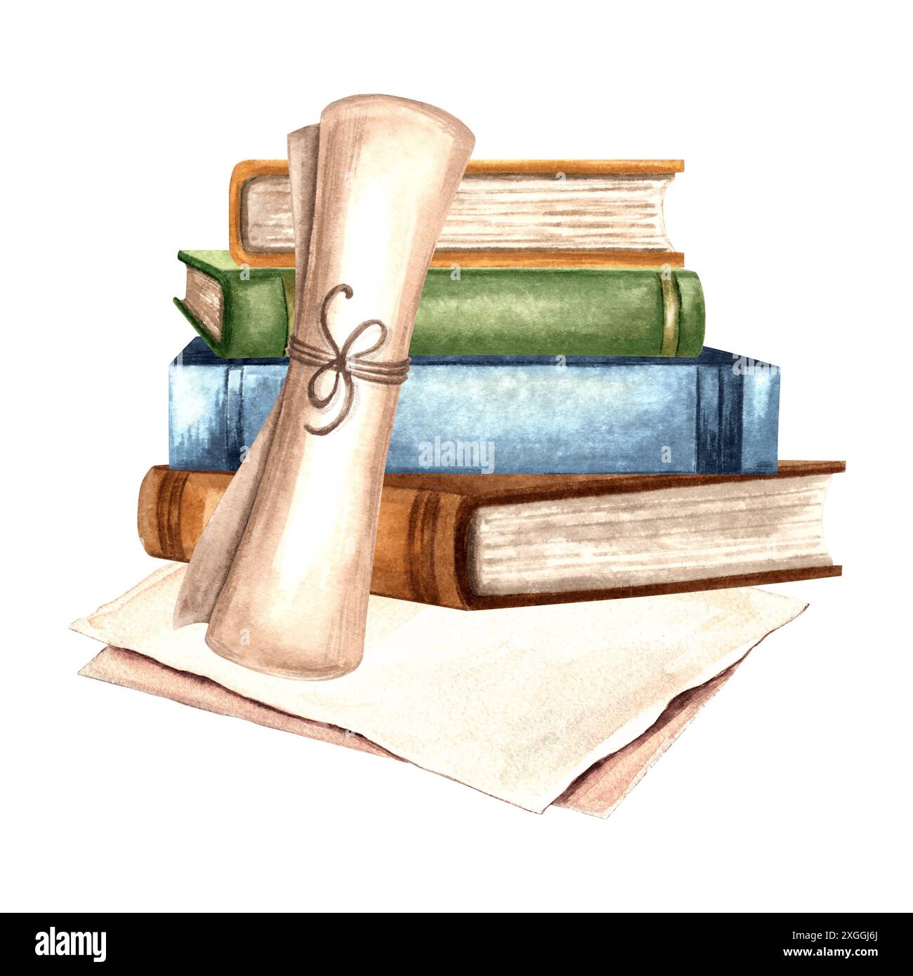 Bücher und Schreibzubehör. Komposition mit Papyruspapierrollen und Blättern. Handgezeichnete Aquarellillustration isoliert. Wissen für alle Stockfoto