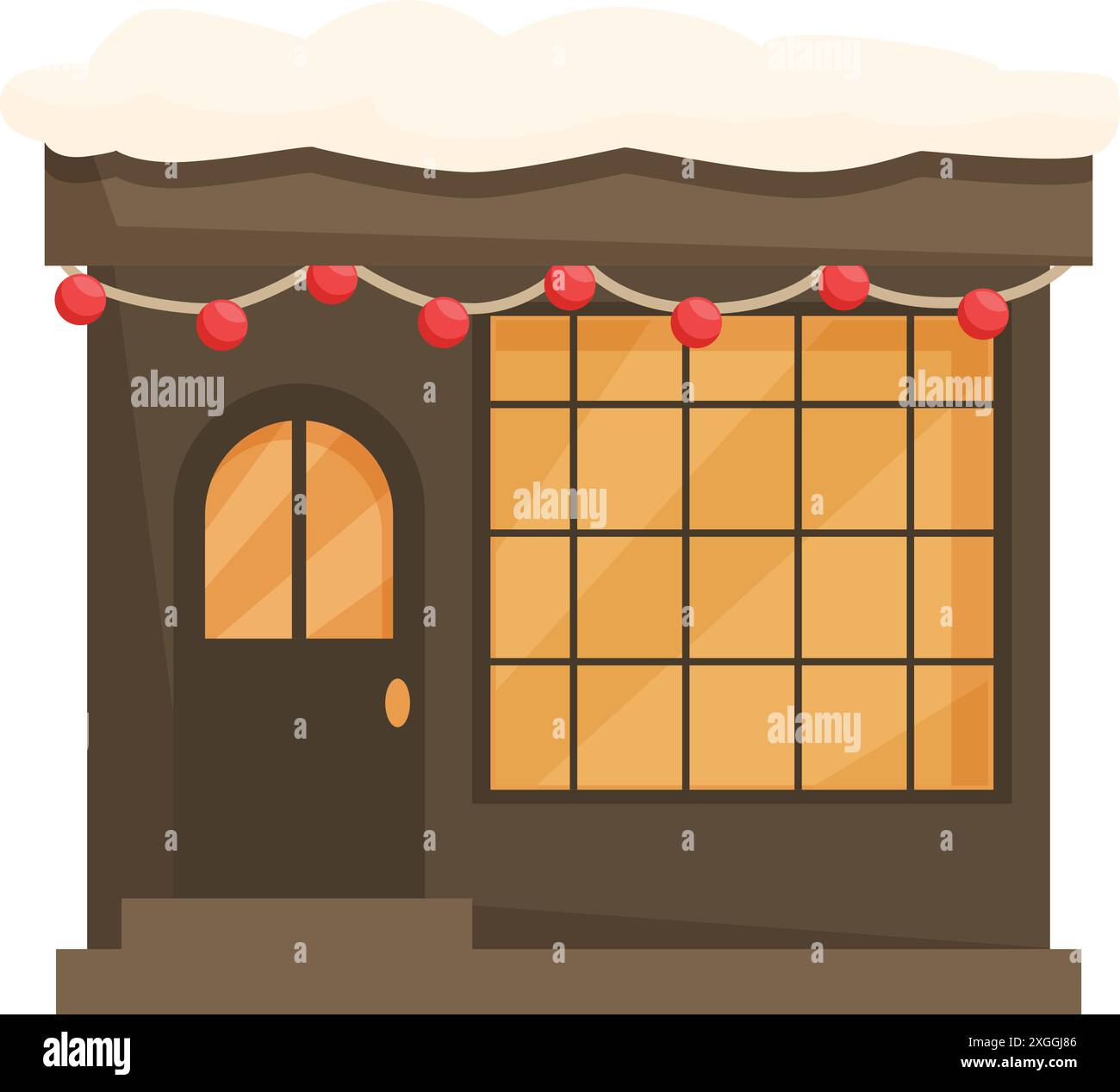 Kleine Geschäftsfassade mit weihnachtslichtern, die nachts mit Schnee bedeckt sind Stock Vektor