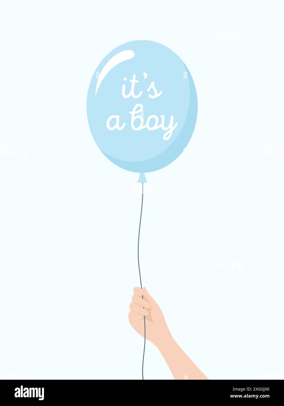 Eine Hand, die einen blauen Ballon mit dem handgeschriebenen Text hält. Es ist ein Junge, auf einem blassblauen Hintergrund. Illustration des flachen Vektors Stock Vektor