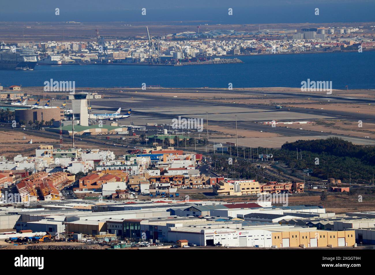 Luftbild: Flughafen, Puerto del Rosario, Fuerteventura, Kanarische Inseln, Spanien/Fuerteventura, Kanarische Inseln, Spanien (nur für redaktionelle Verw Stockfoto