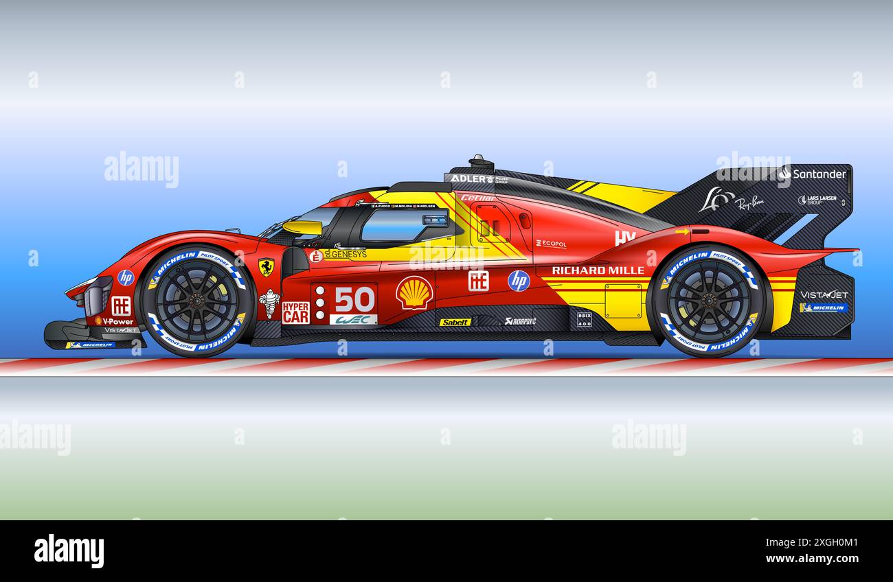 Rennstrecke von Le Mans, Frankreich, 15. Juni 2024, Ferrari 499 P zeichnende Silhouette, Sieger der Rennstrecke 24 Stunden 2024, Illustration Stockfoto
