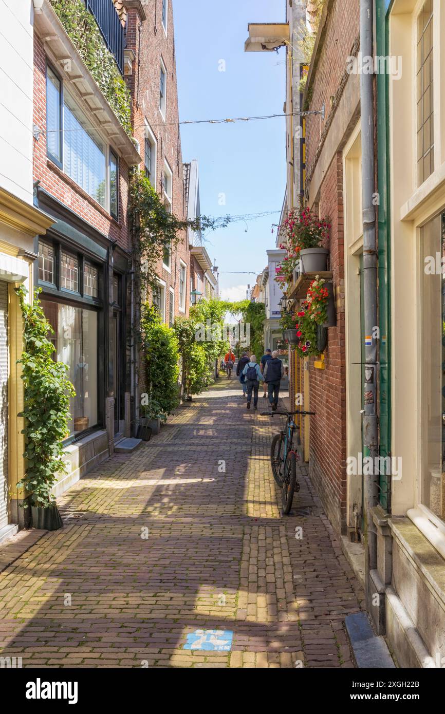 Alkmaar, Niederlande – 17. Juni 2024: Blick in Fnidsen, eine enge Gasse durch die Altstadt, die mit vielen Pflanzen geschmückt ist Stockfoto