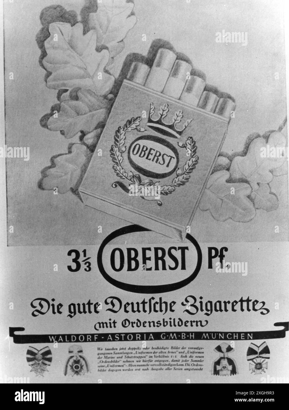 Werbung, Tabak, oberste Zigaretten, "die gute deutsche Zigarette", Waldorf-Astoria-Zigarettenfabrik GmbH, München, Werbung, REDAKTIONELLE VERWENDUNG Stockfoto