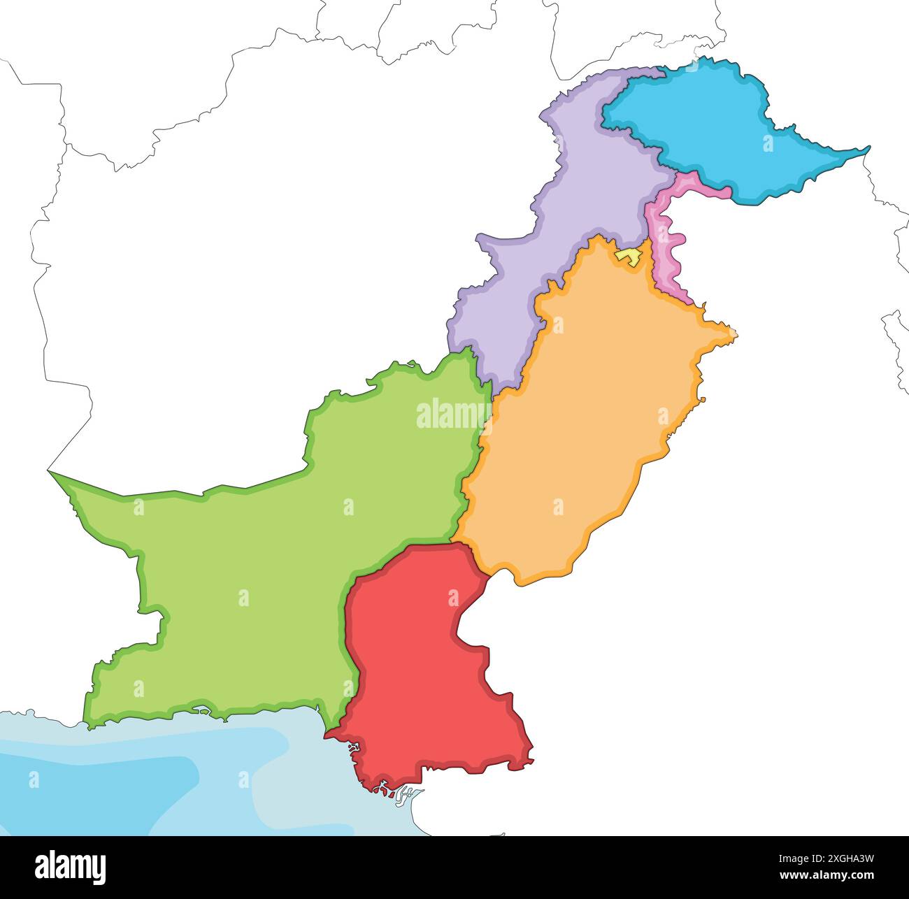 Vektor-illustrierte regionale leere Karte von Pakistan mit Provinzen und Territorien und Verwaltungseinheiten sowie Nachbarländern und Territor Stock Vektor