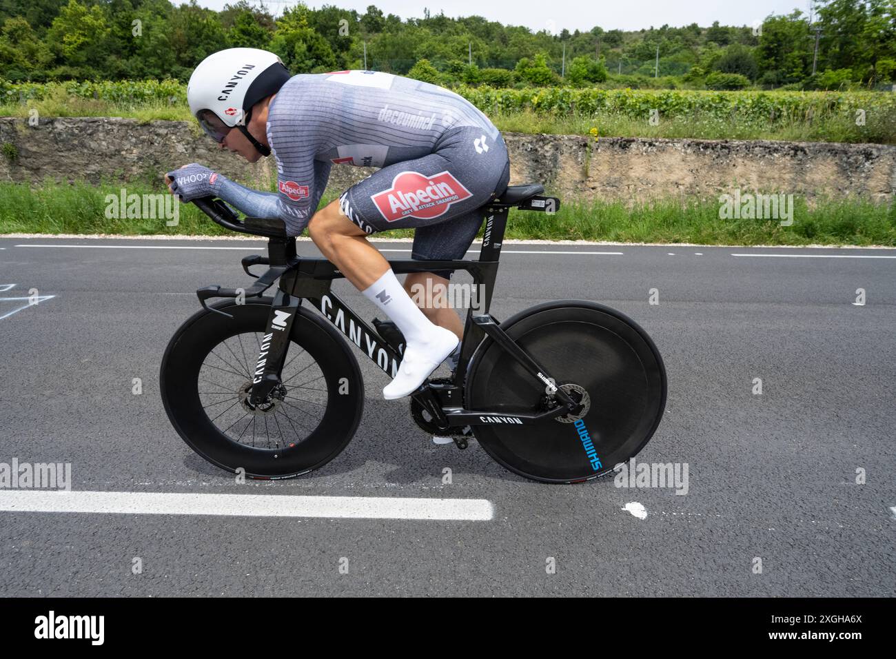 Robbe Ghys, Alpecin-Deceuninck, 2024 Tour de france Stage 7 Zeitschrift von Nuits-Saint-Georges nach Gevrey-Chambertin, Burgund, Frankreich. Stockfoto