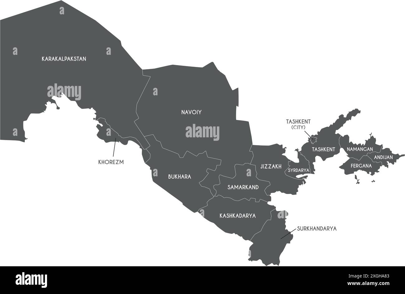 Vektorkarte von Usbekistan mit Regionen oder Gebieten und Verwaltungseinheiten. Bearbeitbare und klar beschriftete Ebenen. Stock Vektor