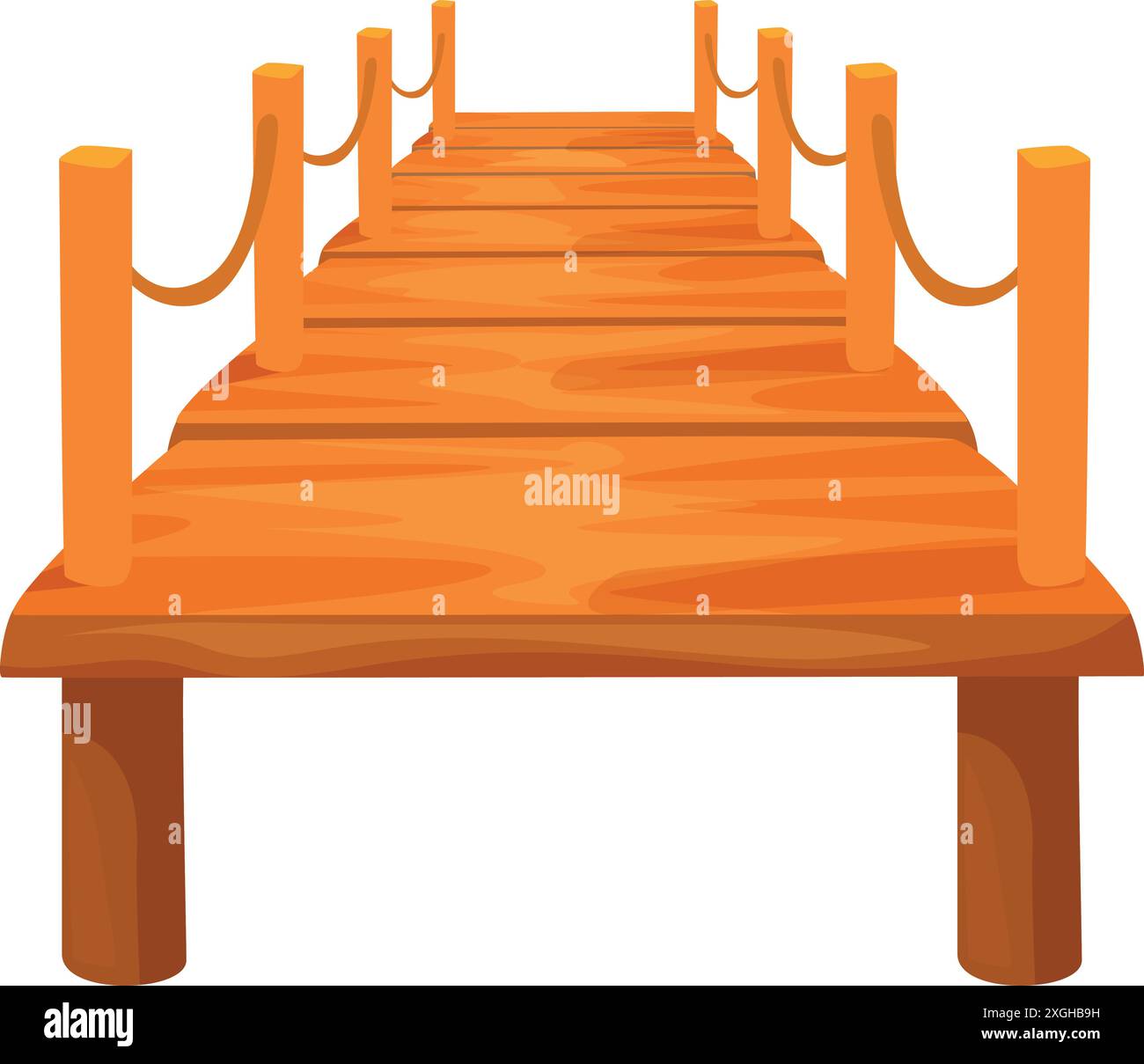 Leerer hölzerner Pier mit Geländern, die sich über ein Gewässer erstrecken, lädt zu Entdeckungen und Abenteuern ein Stock Vektor