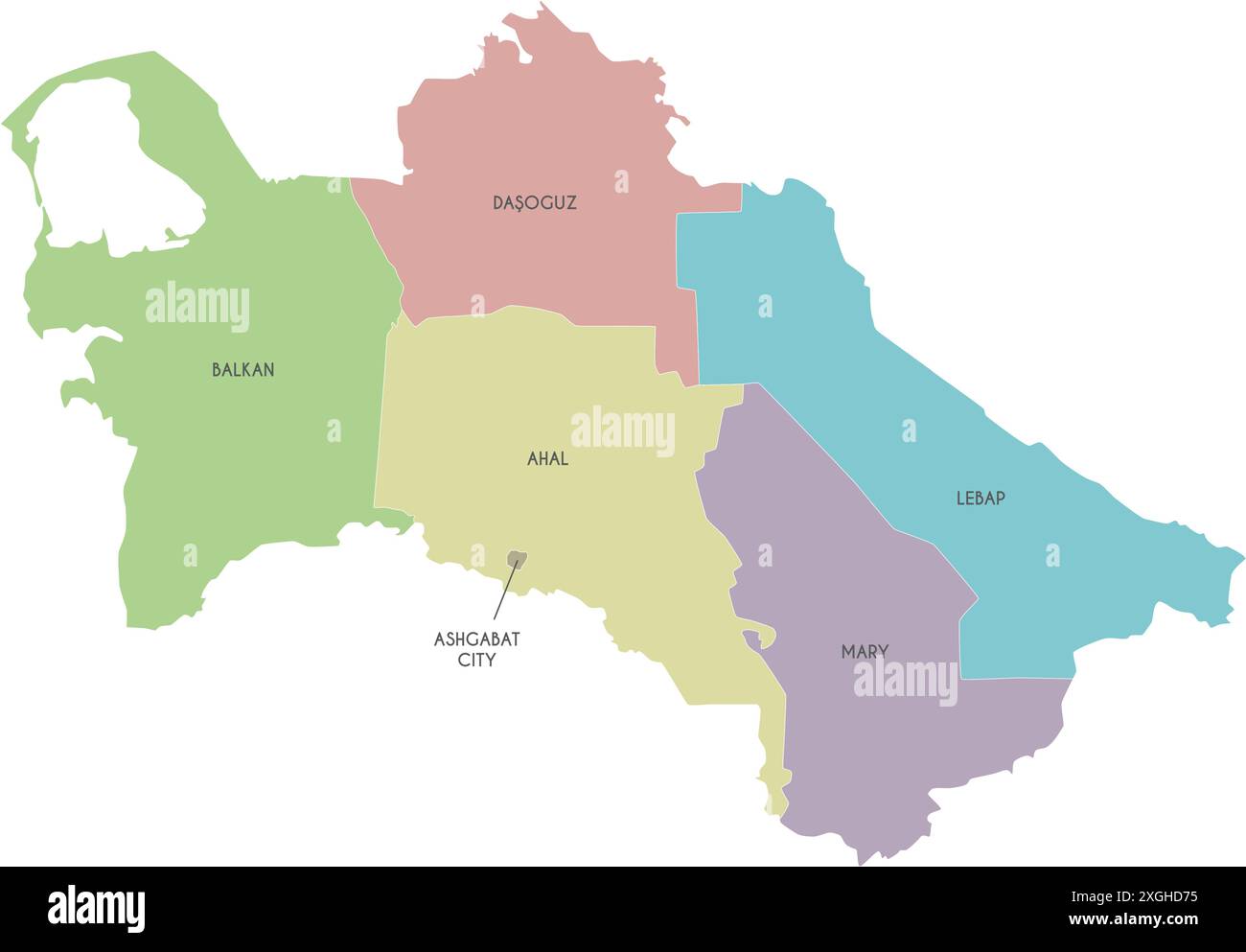 Vektor-Regionalkarte von Turkmenistan mit Provinzen, Hauptstadtbezirken und Verwaltungseinheiten. Bearbeitbare und klar beschriftete Ebenen. Stock Vektor
