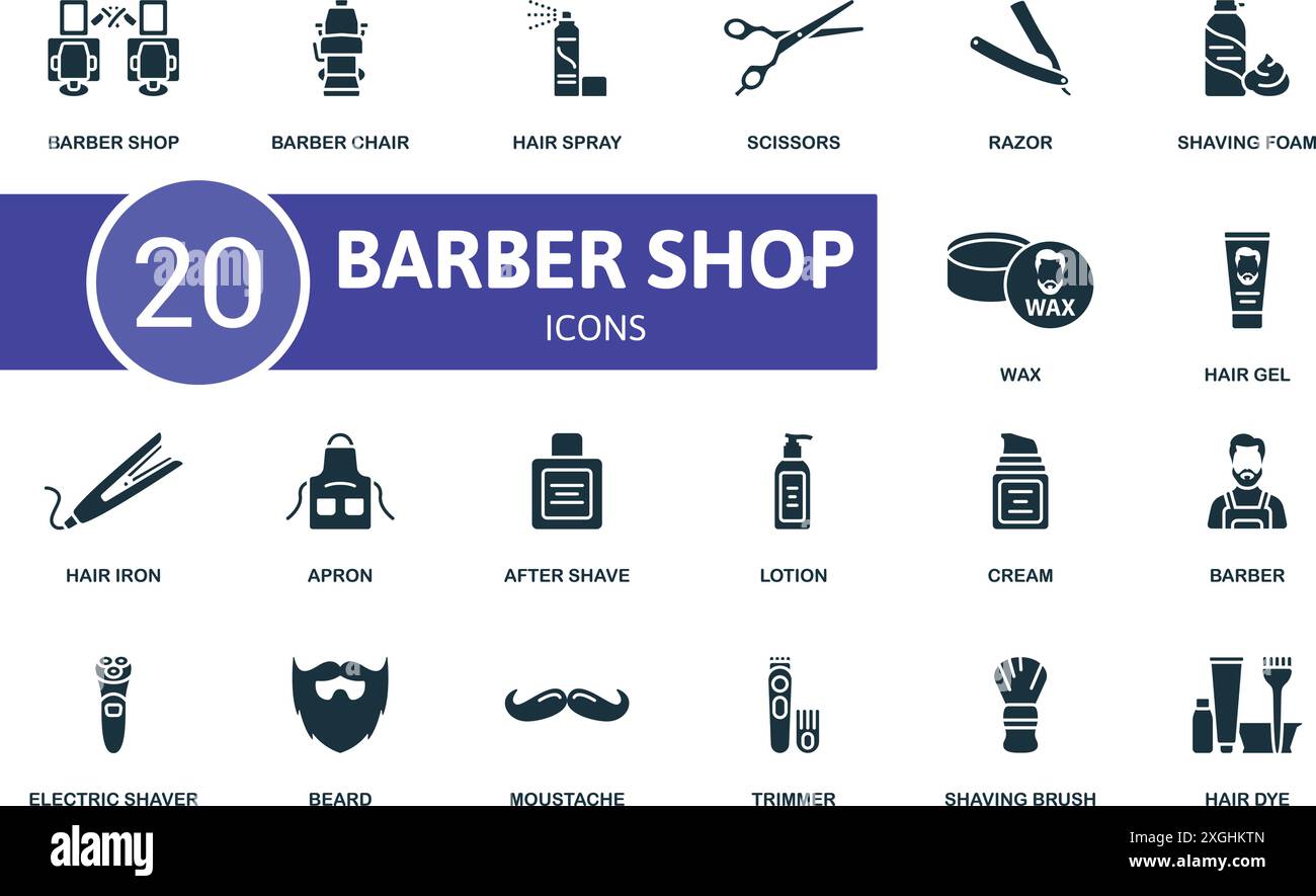 Symbolsatz für Friseur-Shop. Friseurladen, Friseurstuhl, Haarspray, Schere, Rasierer, Rasierschaum, Wachs, Haargel, Haareisen, Schürzensymbole und vieles mehr Stock Vektor