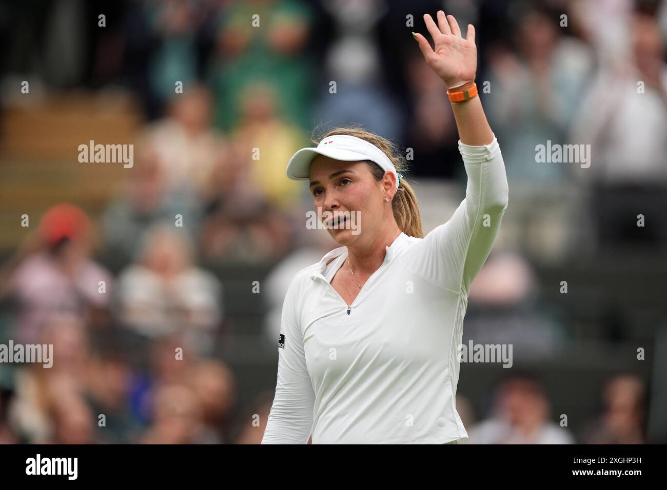 Donna Vekic feiert ihren Sieg über Lulu Sun (nicht abgebildet) am 9. Tag der Wimbledon Championships 2024 im All England Lawn Tennis and Croquet Club in London. Bilddatum: Dienstag, 9. Juli 2024. Stockfoto