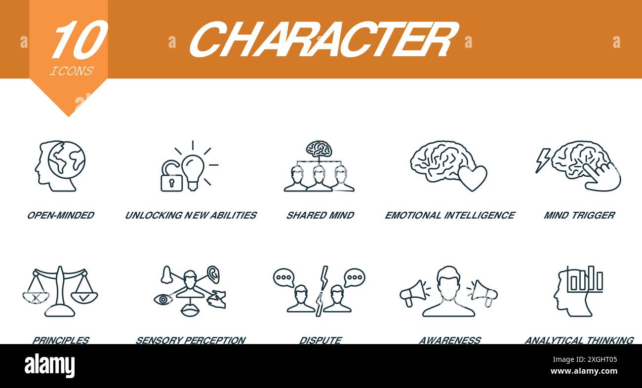 Zeichensymbole festgelegt. Kreative Ikonen: Aufgeschlossen, neue Fähigkeiten freischalten, geteilter Geist, emotionale Intelligenz, Gedankenauslöser, Grundsätze Stock Vektor