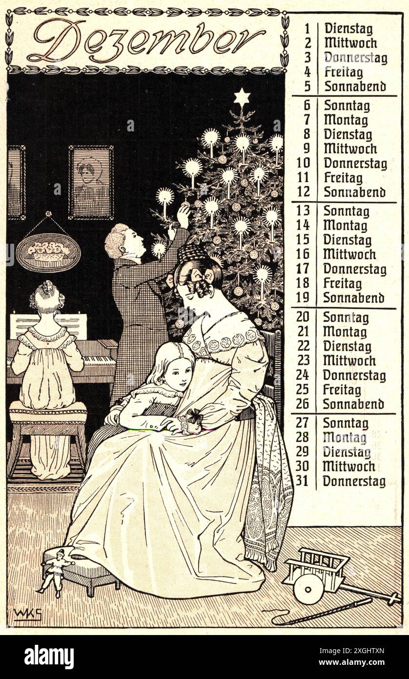 Weihnachten, Kalenderblatt Dezember, Familie macht Weihnachtsvorbereitungen, Holzstich, um 1900, URHEBERRECHT DES KÜNSTLERS MUSS NICHT GELÖSCHT WERDEN Stockfoto