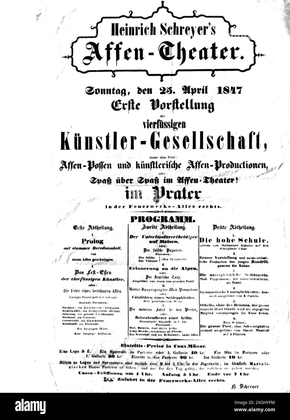 Zirkus, Tiere, 'Affengeschäft', von Heinrich Schreyer (1793 - 1847), Poster für die erste Nacht, ADDITIONAL-RIGHTS-CLEARANCE-INFO-NOT-AVAILABLE Stockfoto