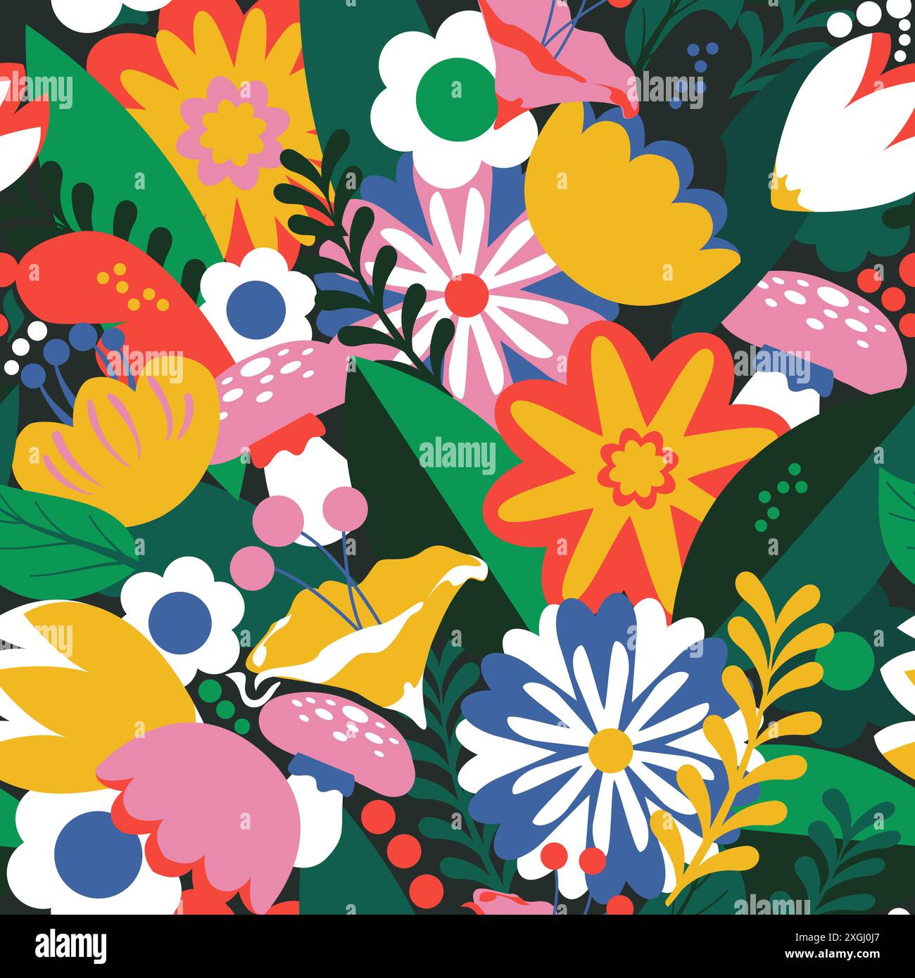 Nahtloses Blumenmuster. Frühlingsfarben, verschiedene Vegetation, versteckte Pilze, Blätter und viele Blumen. Stock Vektor