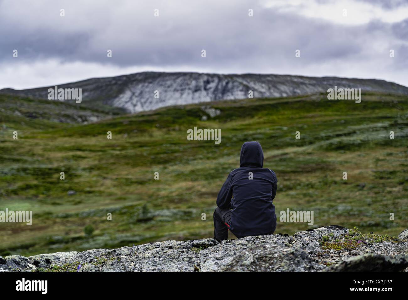 Ein einsamer Wanderer sitzt auf einem Felsvorsprung und blickt auf die weite, grüne Weite der norwegischen Berge mit dramatisch bewölktem Himmel Stockfoto