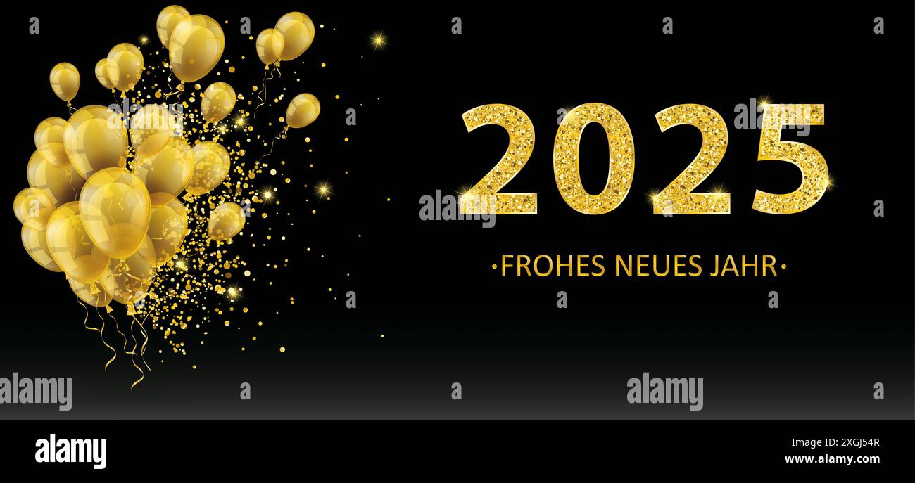 Goldene Ballons Goldene Partikel Konfetti 2025 Neues Jahr Schwarzer Text Frohes Neues Jahr 2024, Übersetzung Happy New Year 2024. Stockfoto