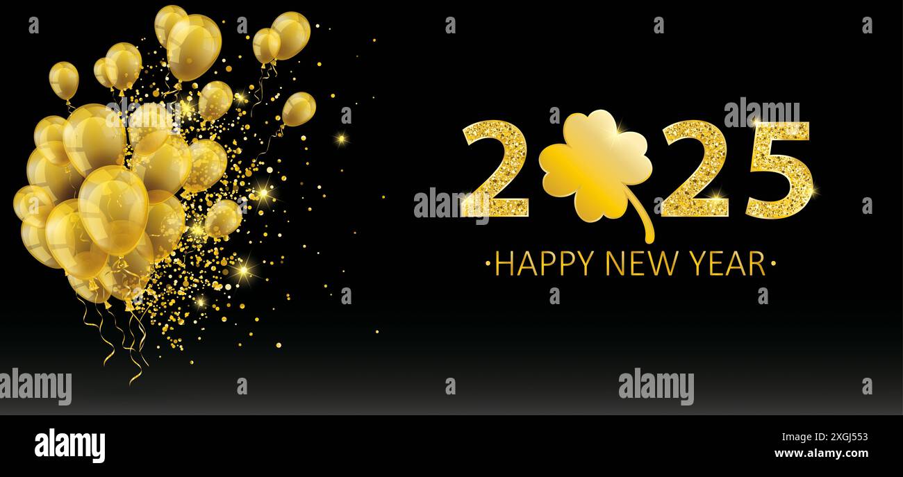 Golden Ballons Partikel 2025 Shamrock New Year Black Golden Ballons mit dem Text Happy New Year 2025. Stockfoto