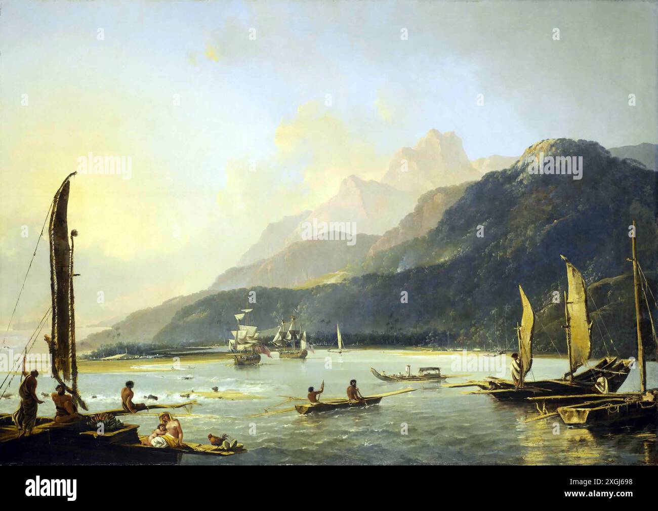 Resolution and Adventure with Fishing Crafts in Matavai Bay, gemalt von William Hodges im Jahr 1776, zeigt die beiden Schiffe von Commander James Cook auf seiner zweiten Entdeckungsreise im Pazifik vor Anker in Tahiti. Stockfoto