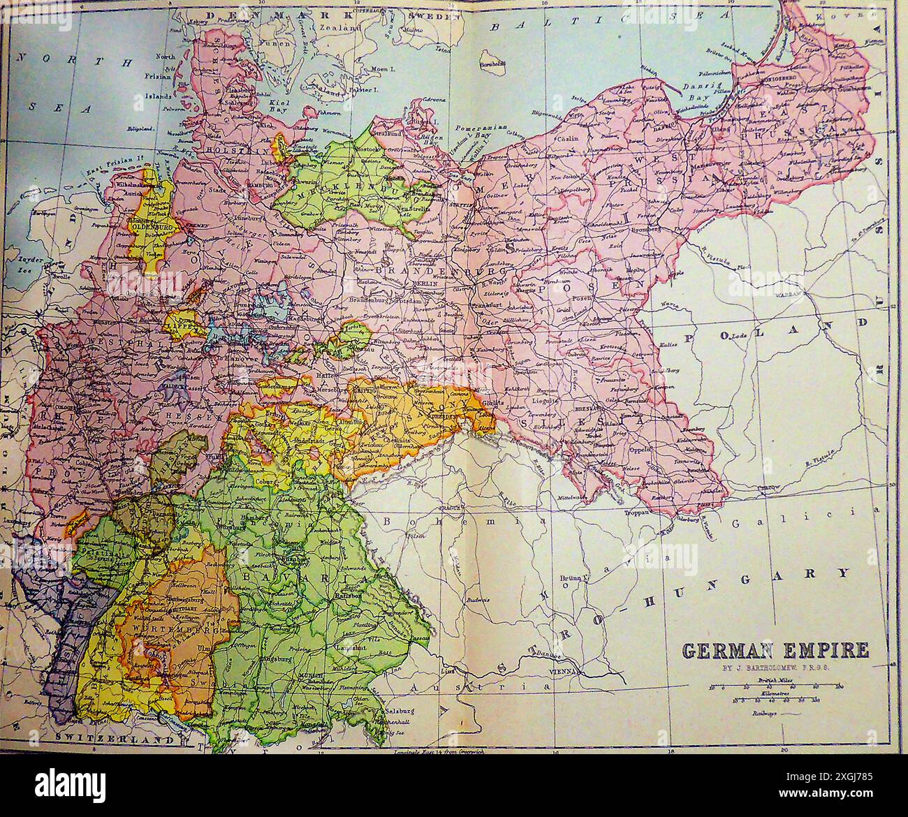 Eine farbige Karte aus dem späten 19. Jahrhundert des Deutschen Reiches. - Eine kolorierte Karte des Deutschen Reichs aus dem späten 19. Stockfoto