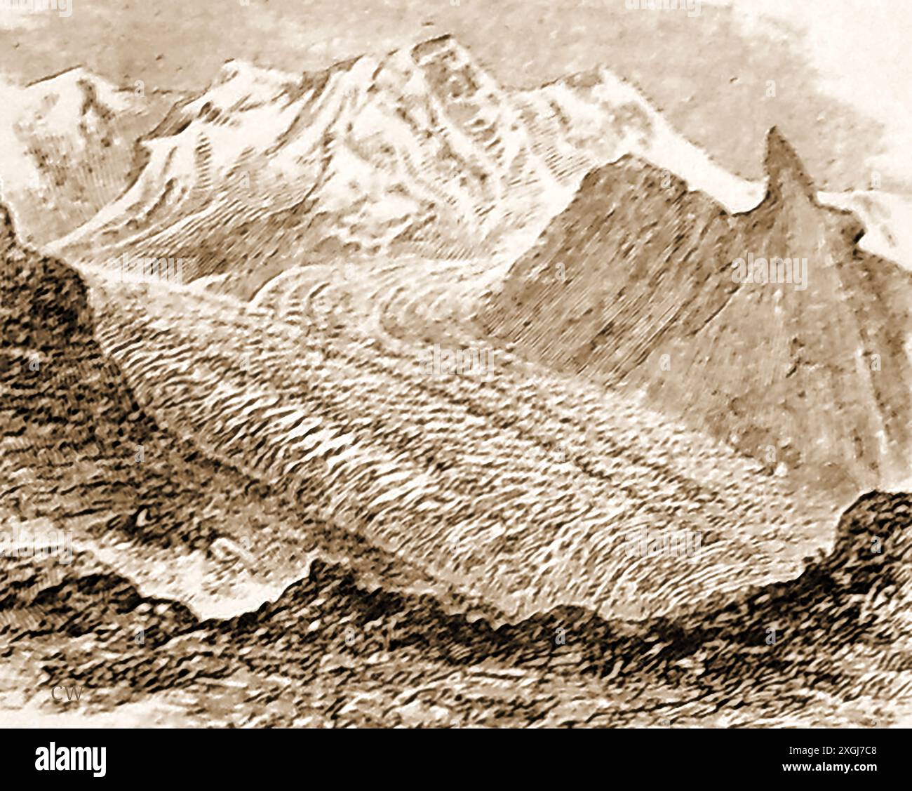 Ein Kupferstich aus dem 19. Jahrhundert, der den Gletscher von Zermatt zeigt. - Ein Kupferstich aus dem 19. Jahrhundert, der Gletscher von Zermatt in der Schweiz zeigt. - UN'incisione del XIX secolo che mostra il ghiacciaio di Zermatt in Swizzera. - Une gravure du 19ème siècle Montrant le Glacier de Zermatt en Suisse. - Stockfoto