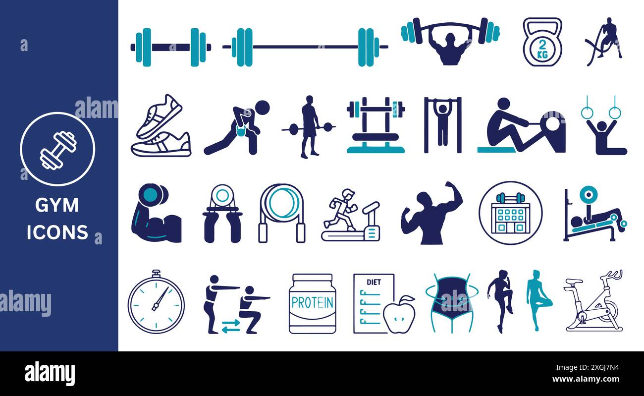 Fitnessstudio-Symbol-Set. Dumball, Krafttraining, Körperpflege, Timer, Workout, oder Symbole für Trainingsgeräte. Vektorabbildung. Stock Vektor