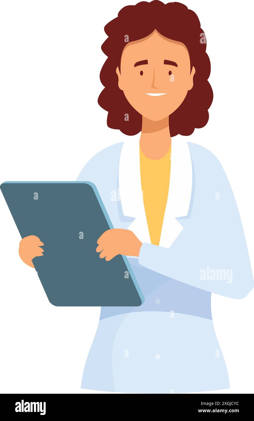 Friendly Doctor hält ein Tablet in der Hand, das die Schnittstelle von Gesundheitswesen und digitaler Technologie zeigt Stock Vektor