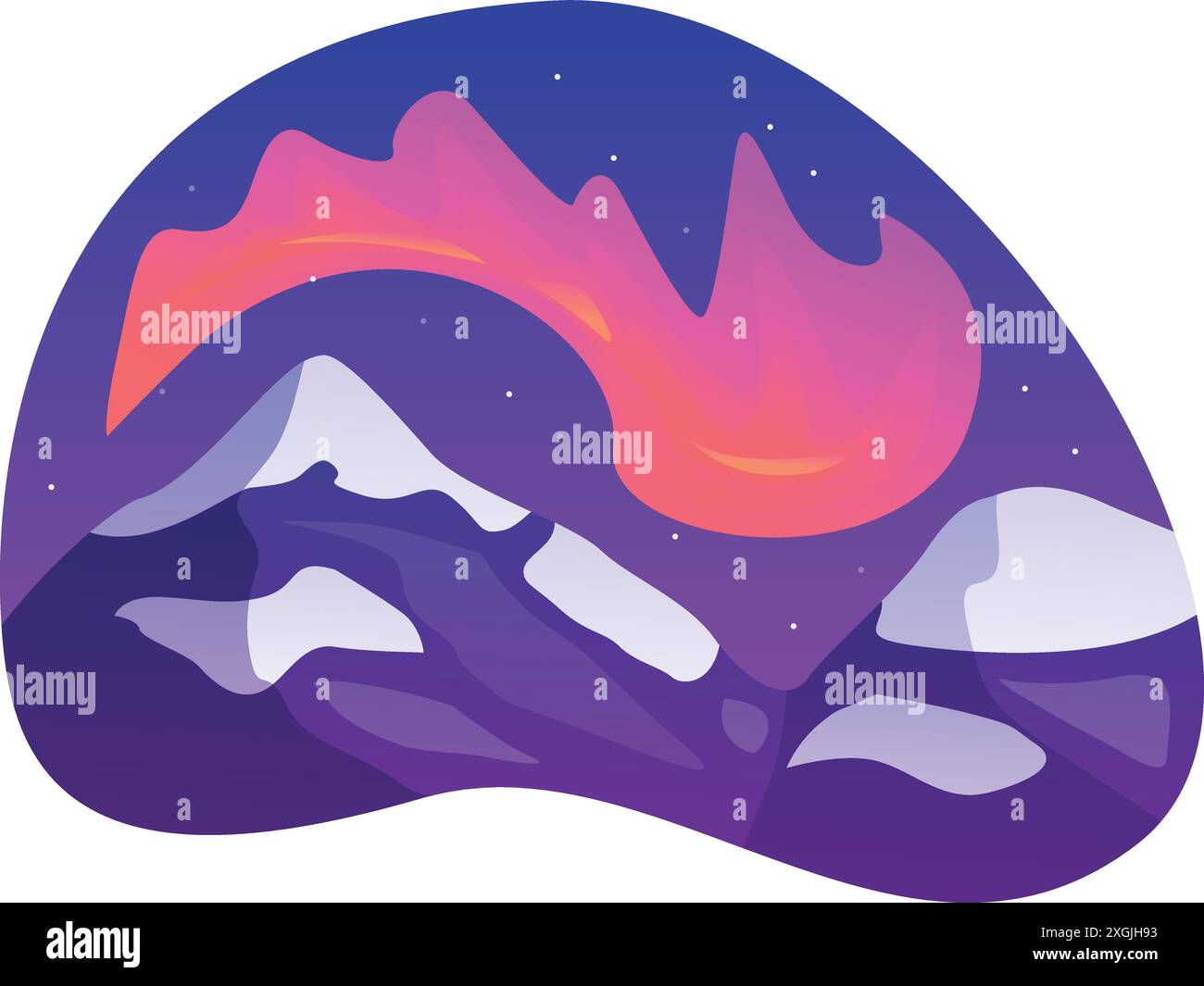 Illustration mit einer farbenfrohen aurora Borealis, die eine schneebedeckte Bergkette beleuchtet Stock Vektor