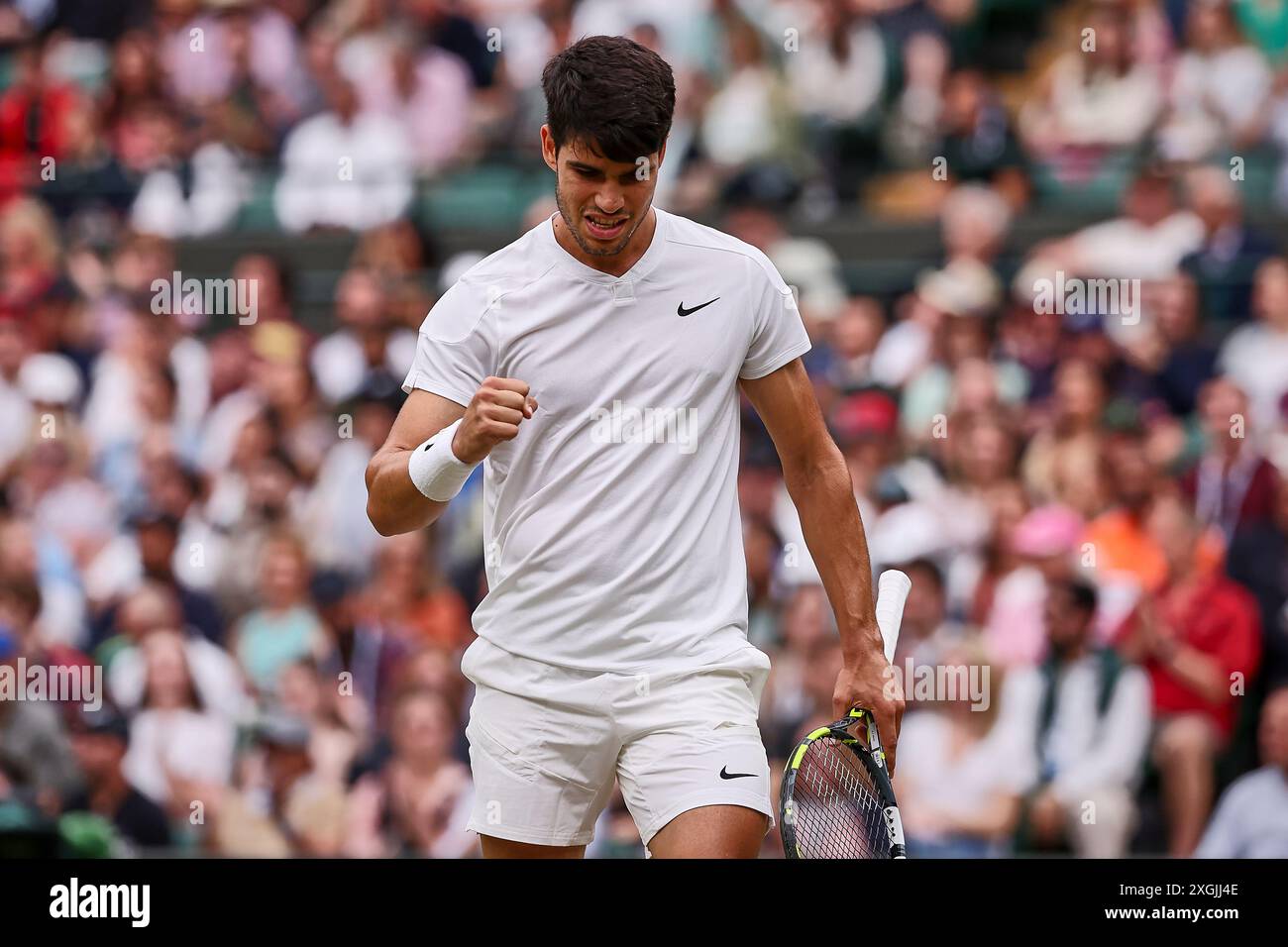 London, London, Großbritannien. Juli 2024. Carlos Alcaraz (ESP) feiert den Punkt während der Meisterschaft Wimbledon (Credit Image: © Mathias Schulz/ZUMA Press Wire) NUR REDAKTIONELLE VERWENDUNG! Nicht für kommerzielle ZWECKE! Stockfoto