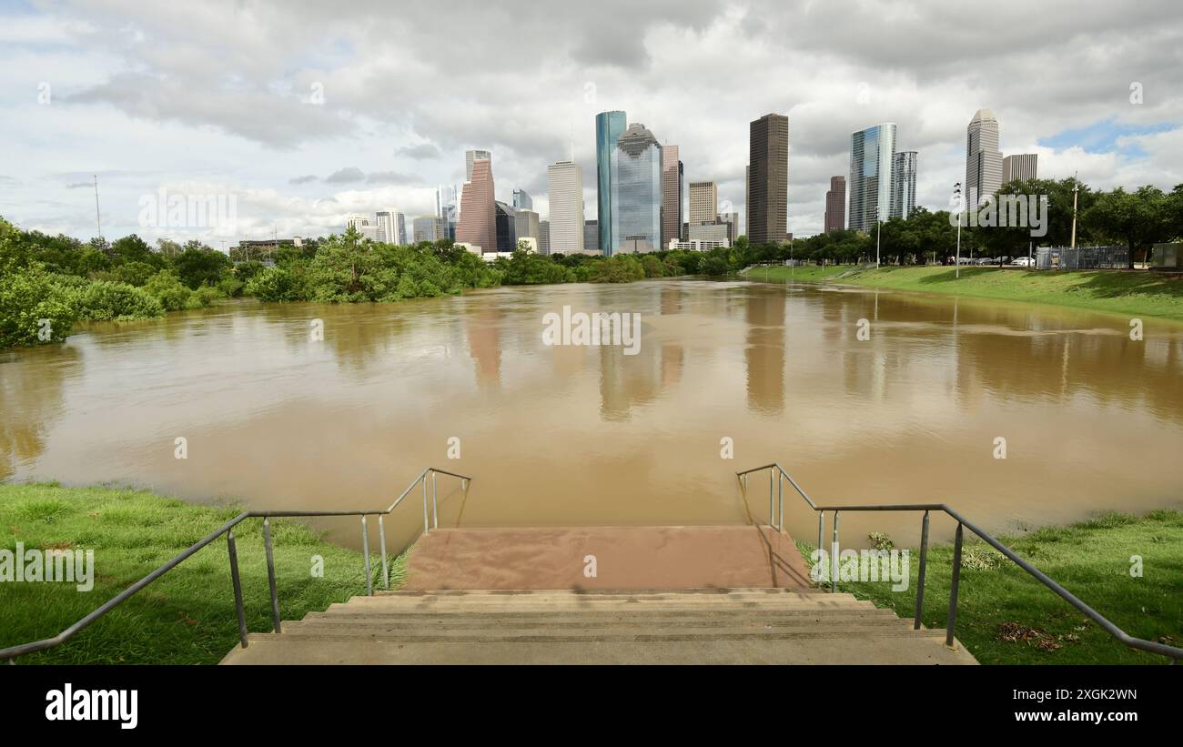 Buffalo Bayou Park, Houston überschwemmt nach Hurrikan Beryl Stockfoto