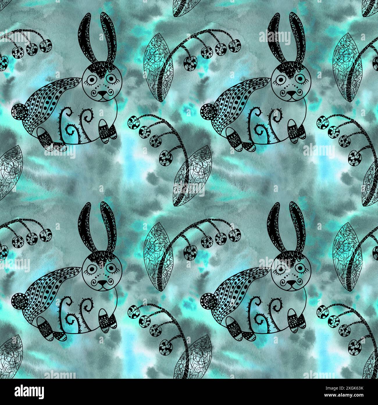 Geheimnisvolle Wald nahtlose Muster niedliches Häschen und Pflanzen Linie Kunst auf türkisfarbenem, verschwommenem Aquarellhintergrund Stockfoto