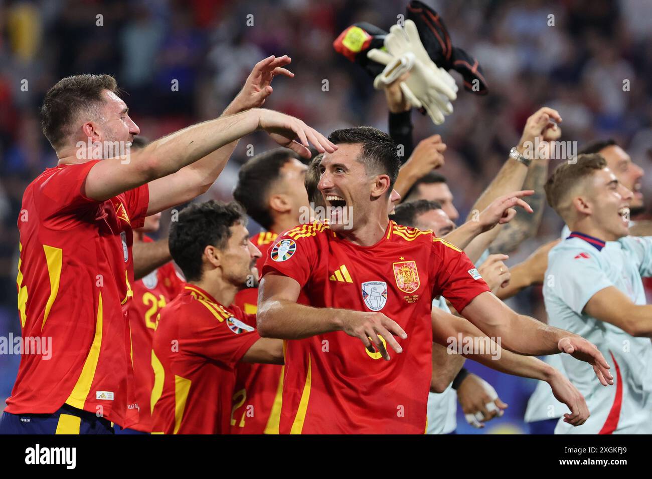 München, Deutschland, 9. Juli 2024. Die spanische Nationalmannschaft feiert das Spiel zwischen Spanien und Frankreich. Uefa Euro 2024 Deutschland. Halbfinale. Stockfoto