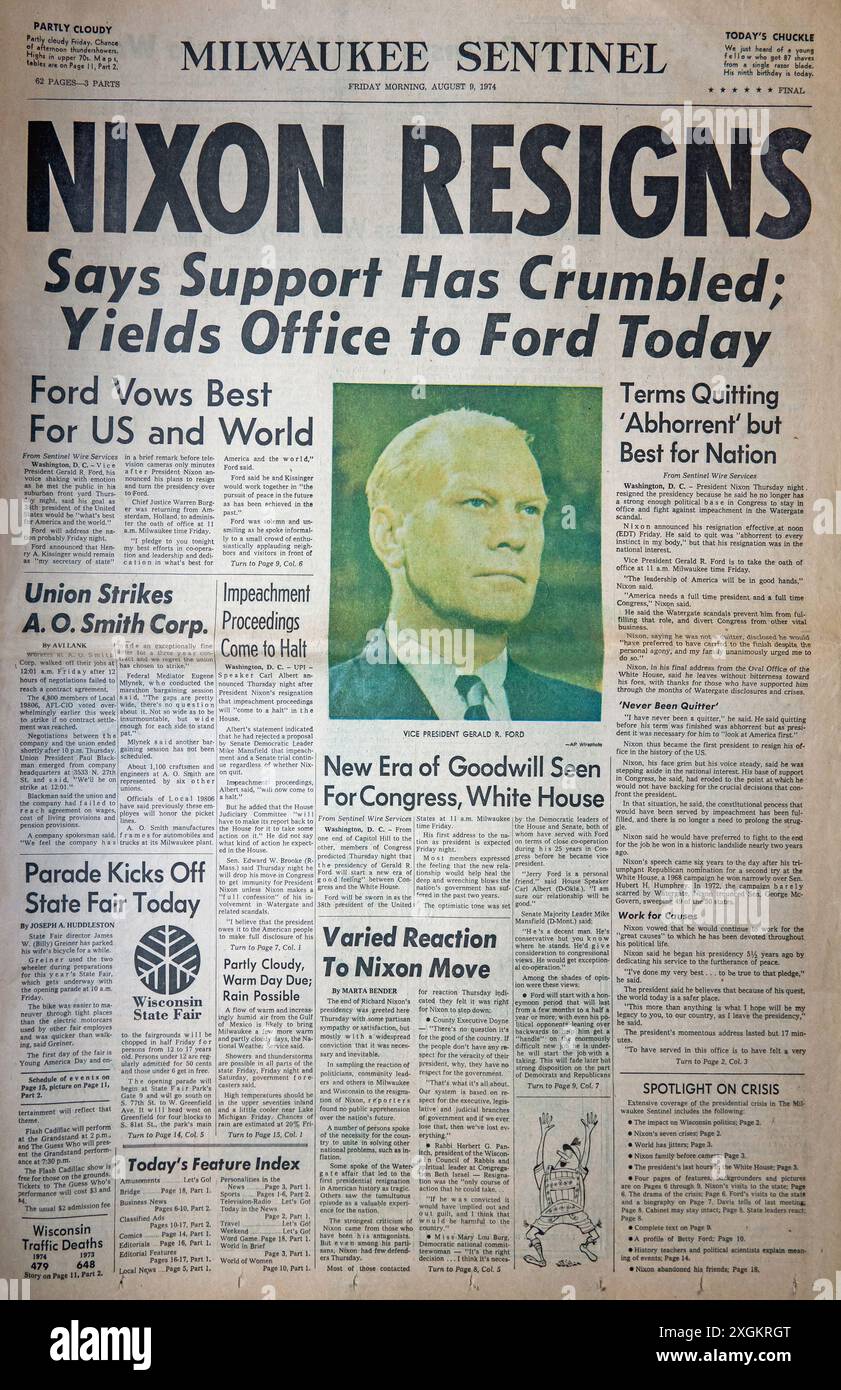 Die Zeitung Milwaukee Sentinel kündigt den Rücktritt von Präsident Richard Nixon in ihrer Morgenausgabe am 9. August 1974 an. Stockfoto