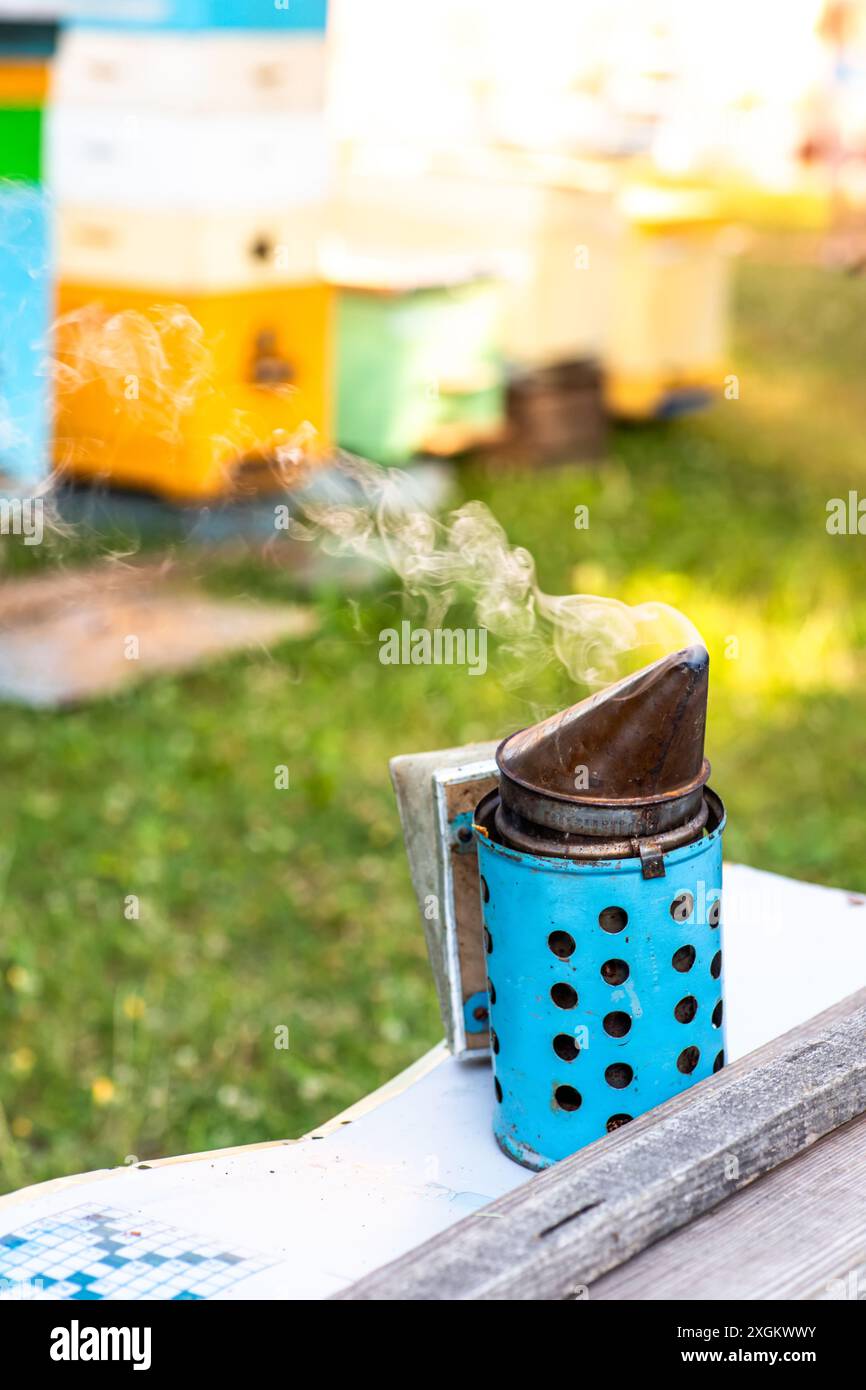 Ein Raucher für die Imkerei in der Nähe von Bienenstöcken in ländlicher Umgebung Stockfoto