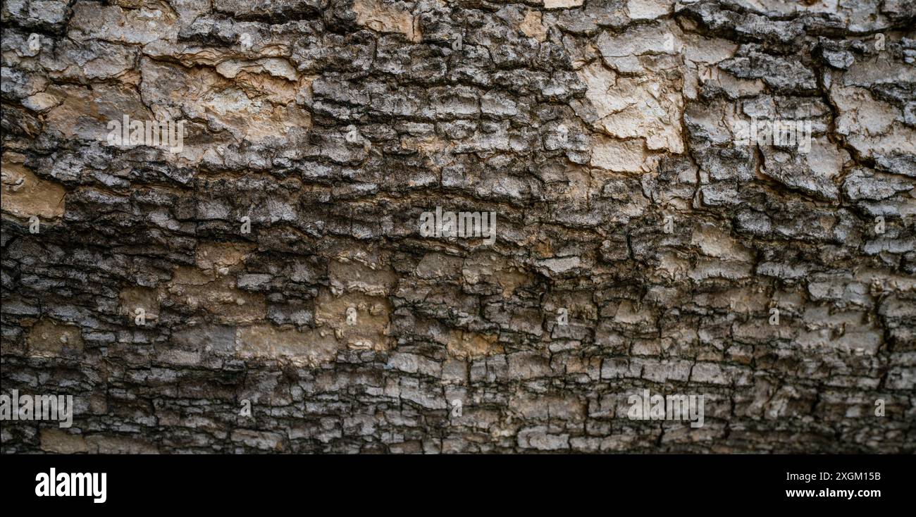 Nahaufnahme des Hintergrunds mit Baumrindenstruktur, der natürliche Holzmuster und eine raue körnige Oberfläche zeigt, ideal für umweltfreundliche Projekte und Naturthemen Stockfoto