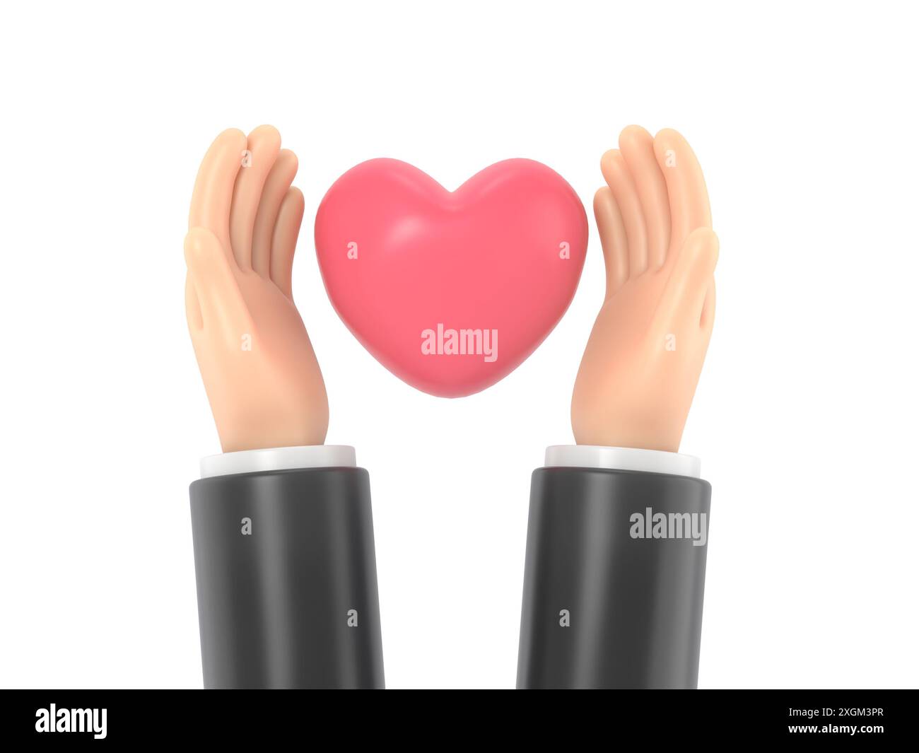 Mockup Des Symbols Für Zeichentrickgesten. Wohltätigkeitskonzept. Spender, der das Herz in den Händen hält. 3D-Rendering auf weißem Hintergrund. Stockfoto