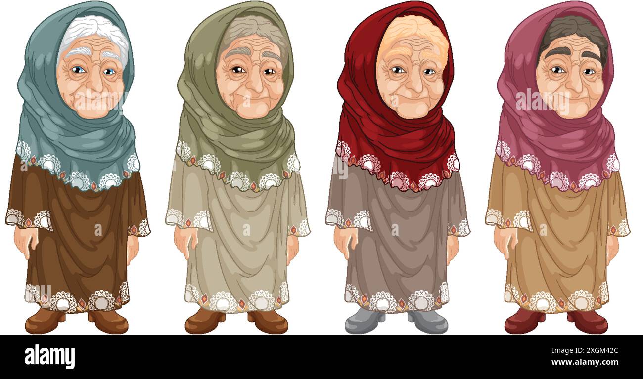 Vier ältere Frauen tragen bunte Kopftücher Stock Vektor