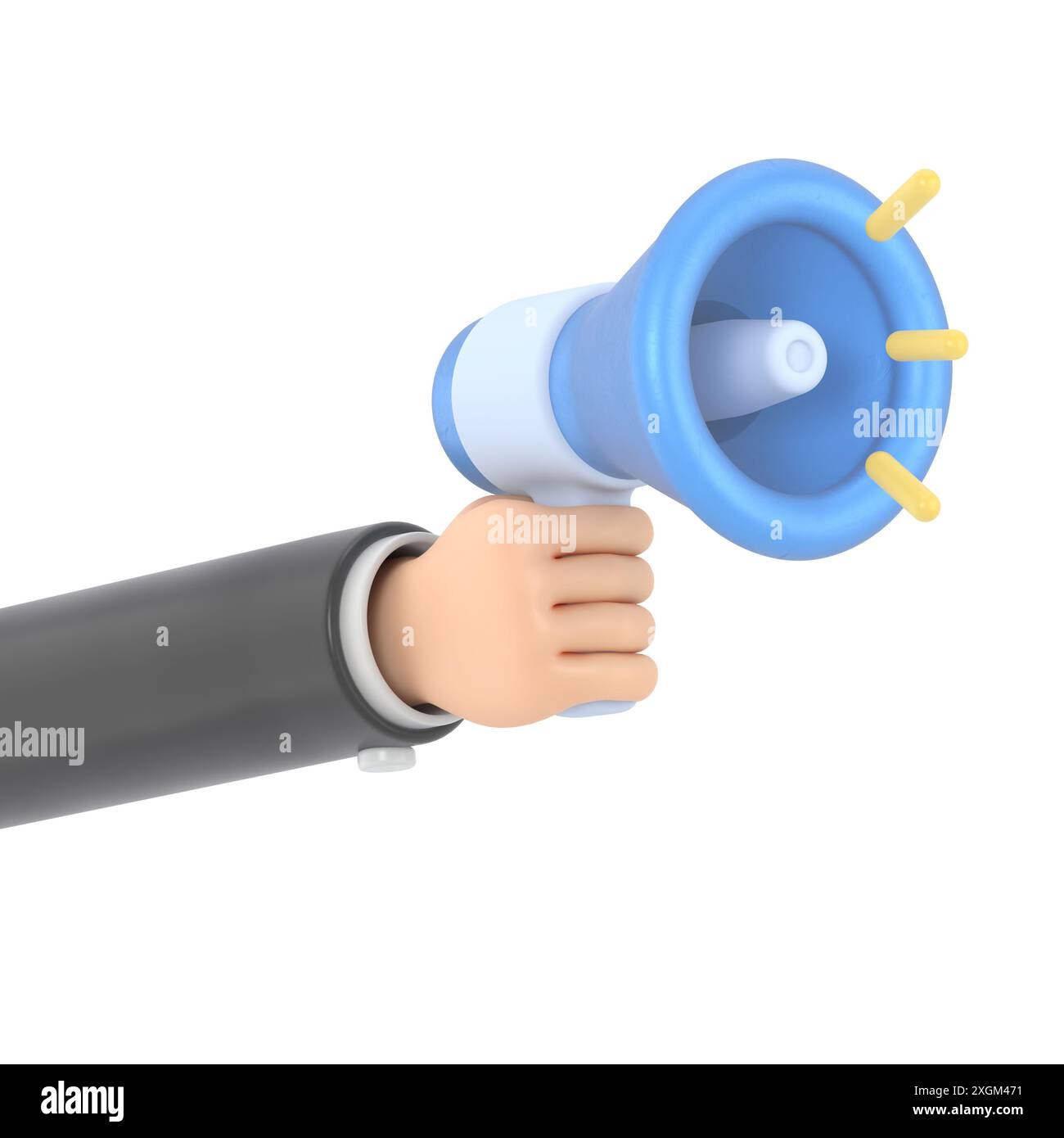 Zeichentrickgestensymbol Mockup.3D Hand mit gelbem Megaphon realistisches Symbol, 3D-Rendering auf weißem Hintergrund. Stockfoto