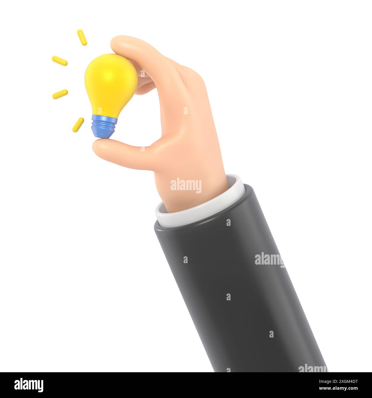 Cartoon Geste Symbol Mockup.3d Symbol Hand hält Glühbirne Geste. Cartoon-Konzept mit großartiger Idee, 3D-Rendering auf weißem Hintergrund. Stockfoto