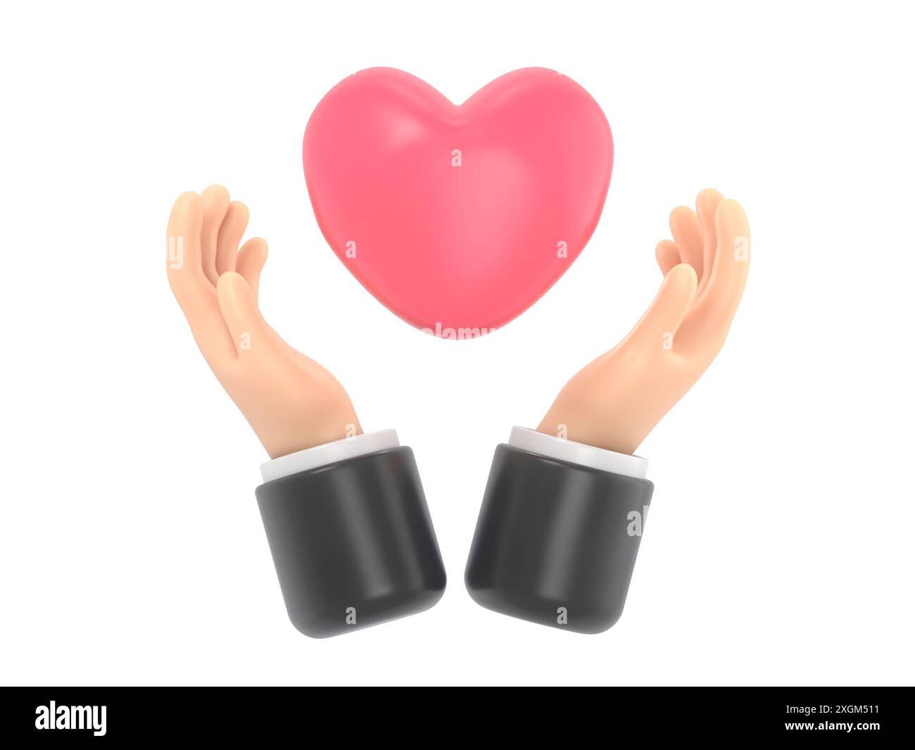 Mockup Des Symbols Für Zeichentrickgesten. Wohltätigkeitskonzept. Spender, der das Herz in den Händen hält. 3D-Rendering auf weißem Hintergrund. Stockfoto