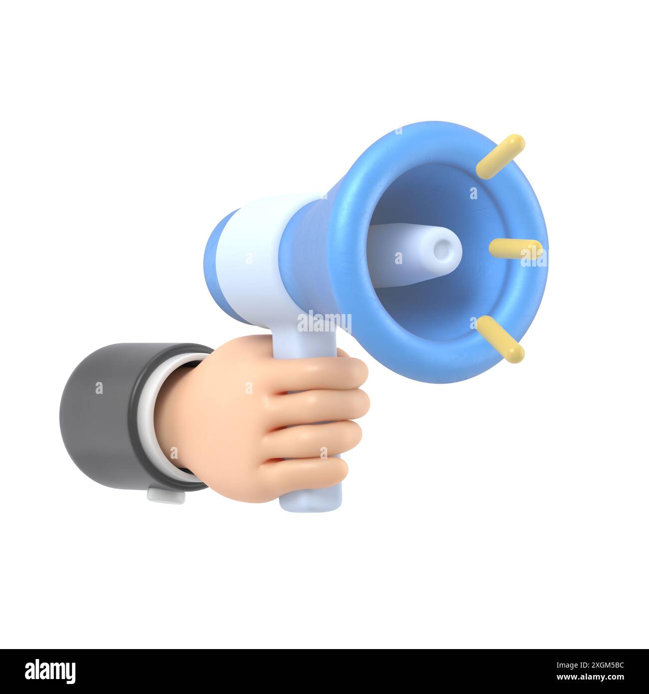 Zeichentrickgestensymbol Mockup.3D Hand mit gelbem Megaphon realistisches Symbol, 3D-Rendering auf weißem Hintergrund. Stockfoto
