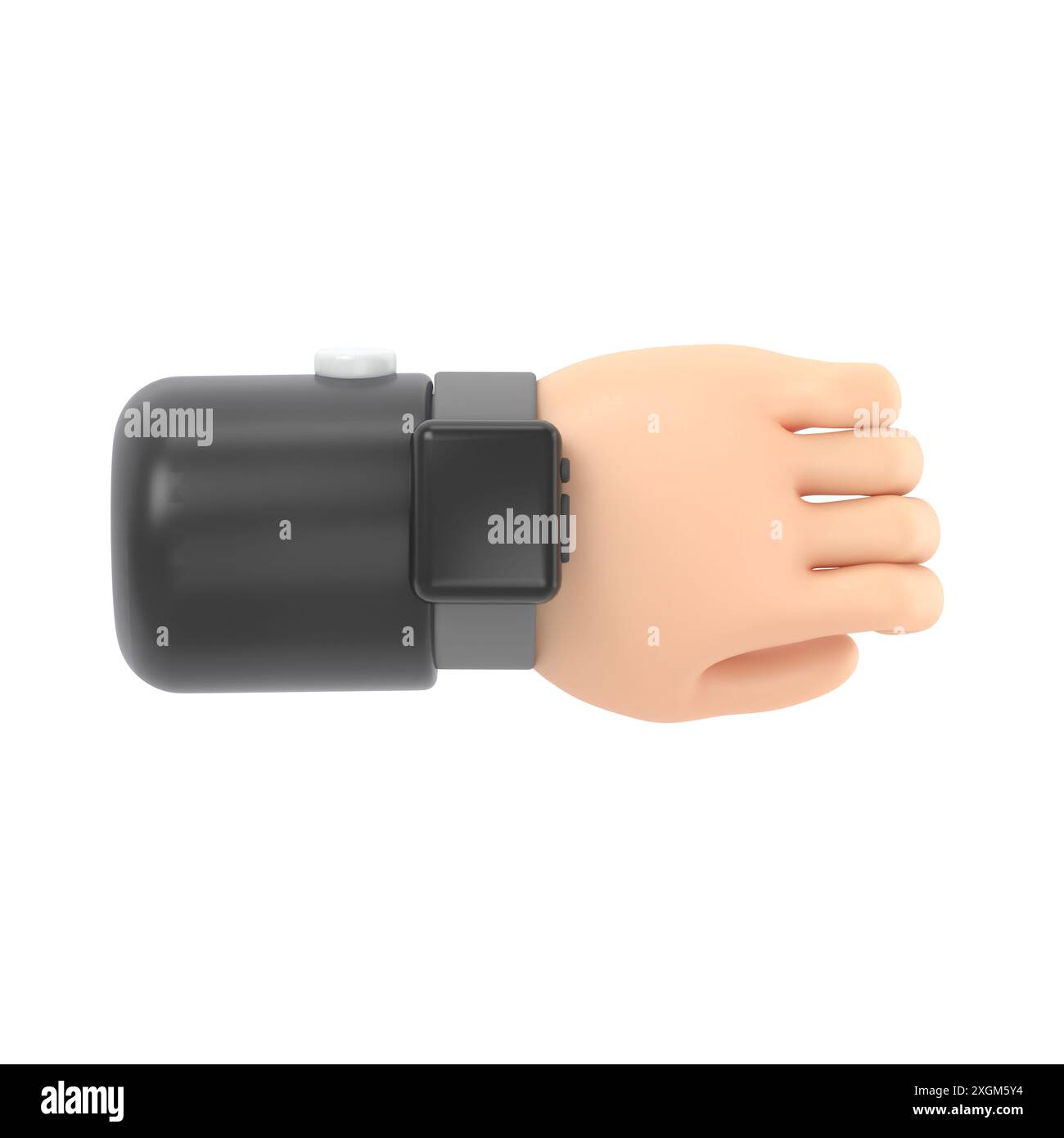 Cartoon Gesture Icon Mockup.3d Icon Smart Watch auf hand.cartoon Arm mit Armband Uhr Geste. Realistische Darstellung, 3D-Rendering auf weißem bac Stockfoto