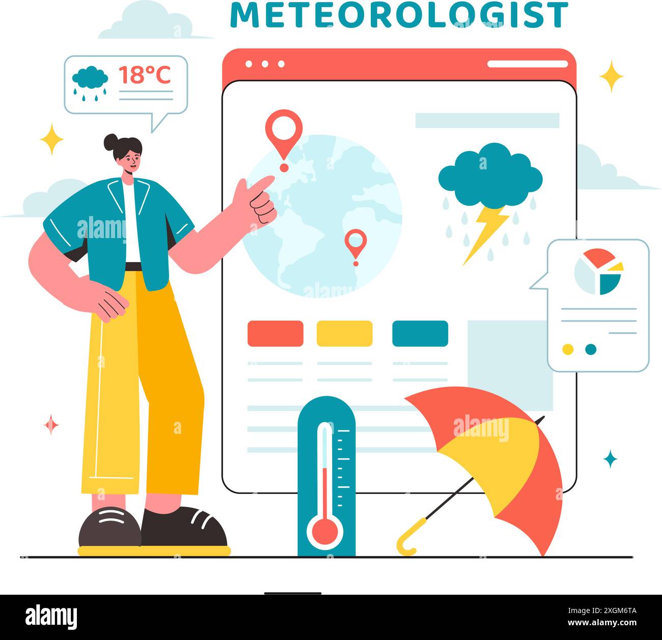 Meteorologe Vektor-Illustration mit Wettervorhersage und atmosphärischer Niederschlagskarte in einem flachen Stil Cartoon Hintergrund Design Stock Vektor