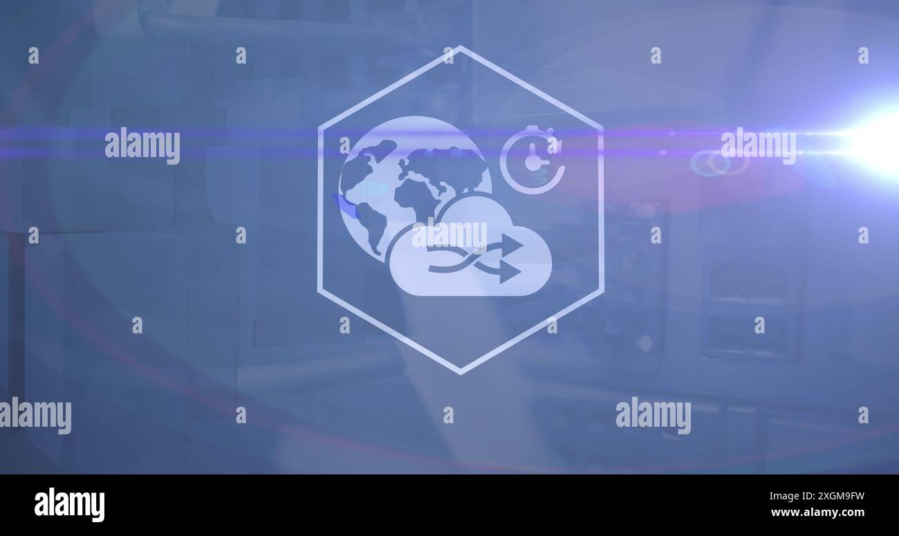 Bild von Symbolen und Licht auf marineblauem Hintergrund. Globales Netzwerk, Datenverarbeitung und Technologiekonzept digital generiertes Bild. Stockfoto