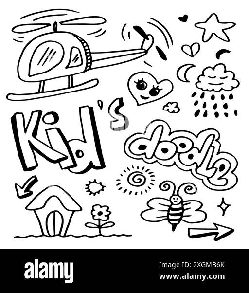 Handgezeichnetes süßes Doodle-Set auf weißem Hintergrund. Doodle Design Elements.Doodle Kinder zur Dekoration und Ausmalseite. Stock Vektor