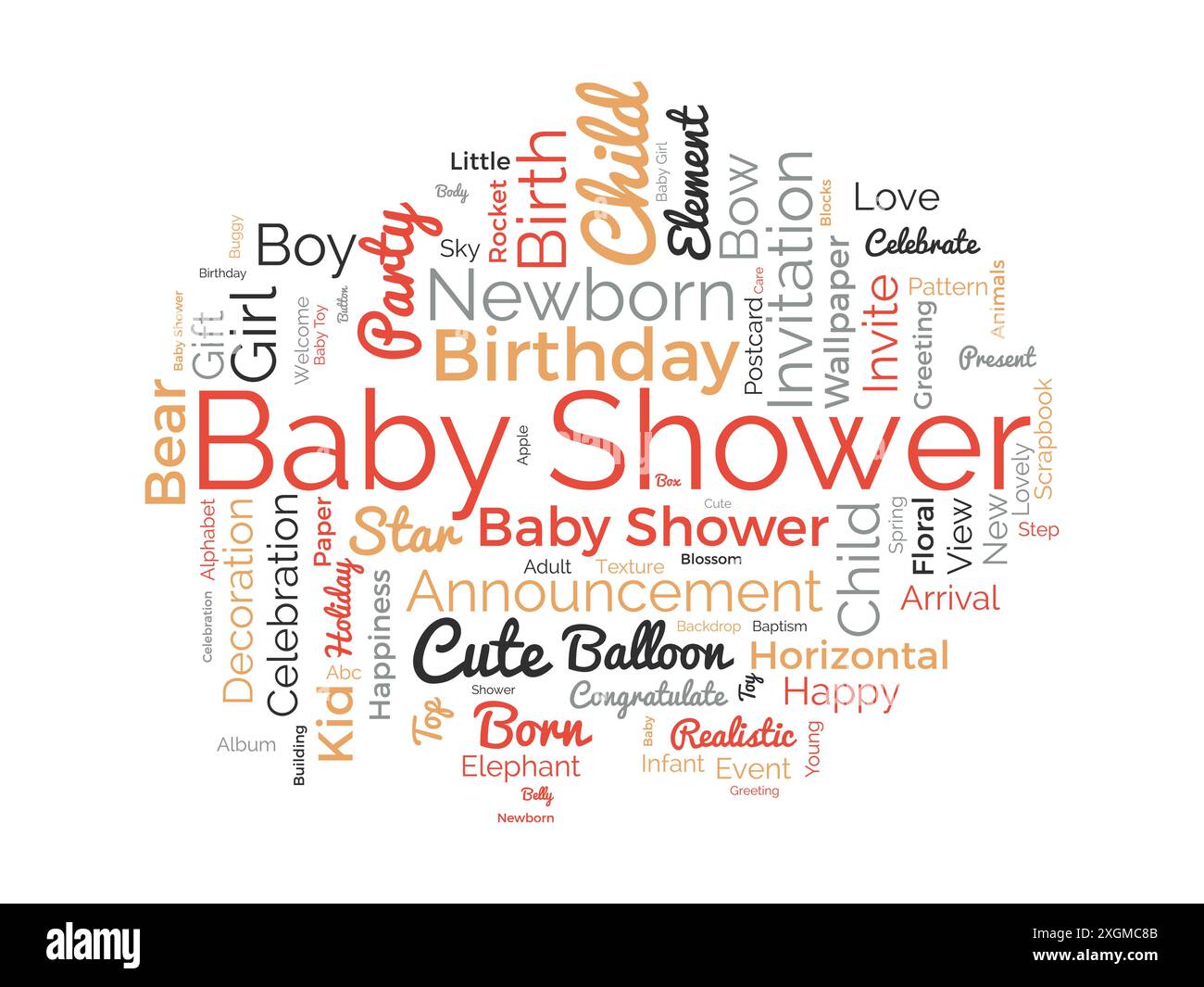 Babydusche WordCloud-Vorlage. Neugeborenen-Grußkonzept Vektorhintergrund. Stock Vektor