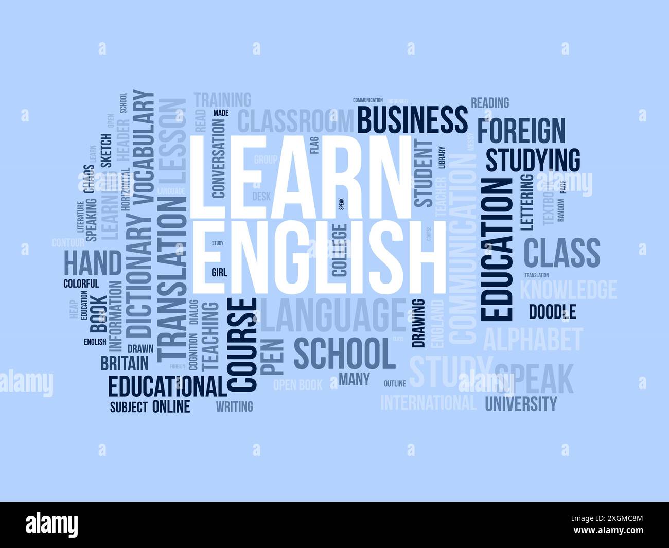 Lernen Sie Englisch Wordcloud-Vorlage. Vektorhintergrund für Bildungskonzepte. Stock Vektor