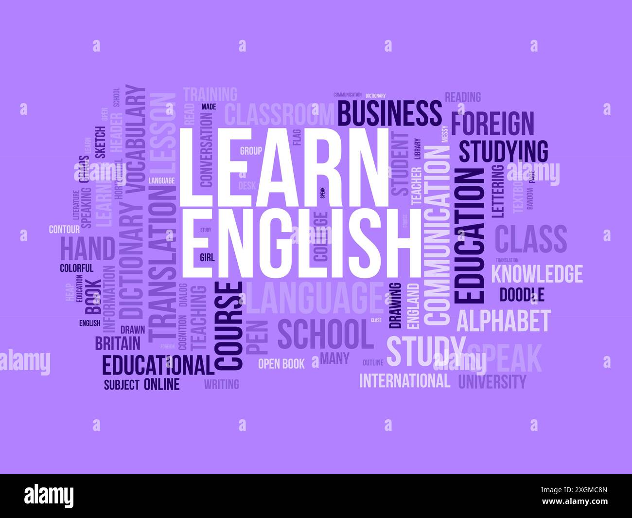 Lernen Sie Englisch Wordcloud-Vorlage. Vektorhintergrund für Bildungskonzepte. Stock Vektor