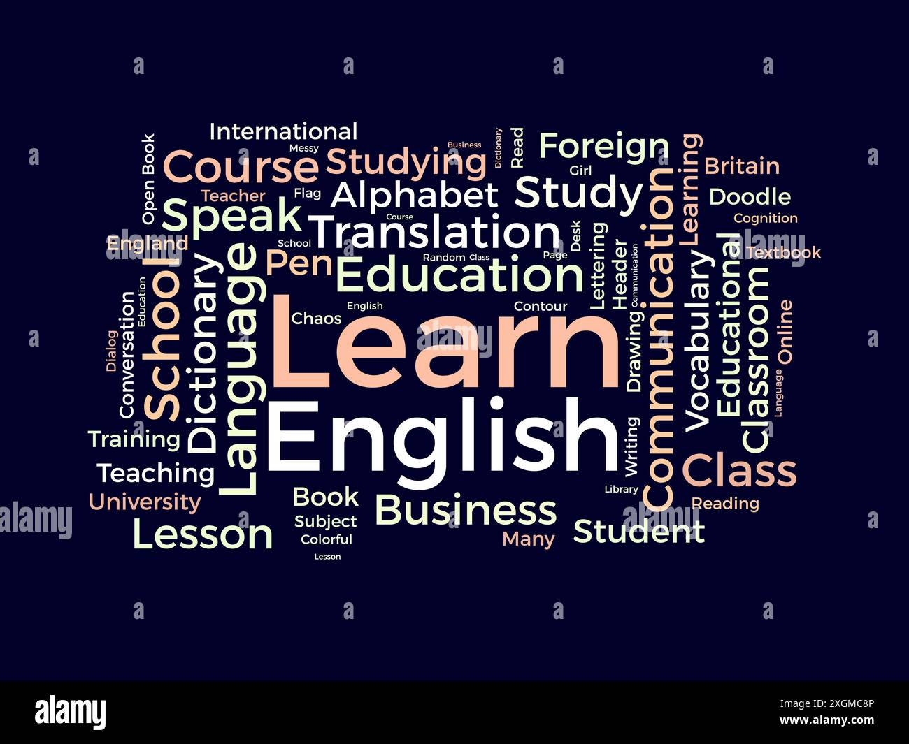 Lernen Sie Englisch Wordcloud-Vorlage. Vektorhintergrund für Bildungskonzepte. Stock Vektor