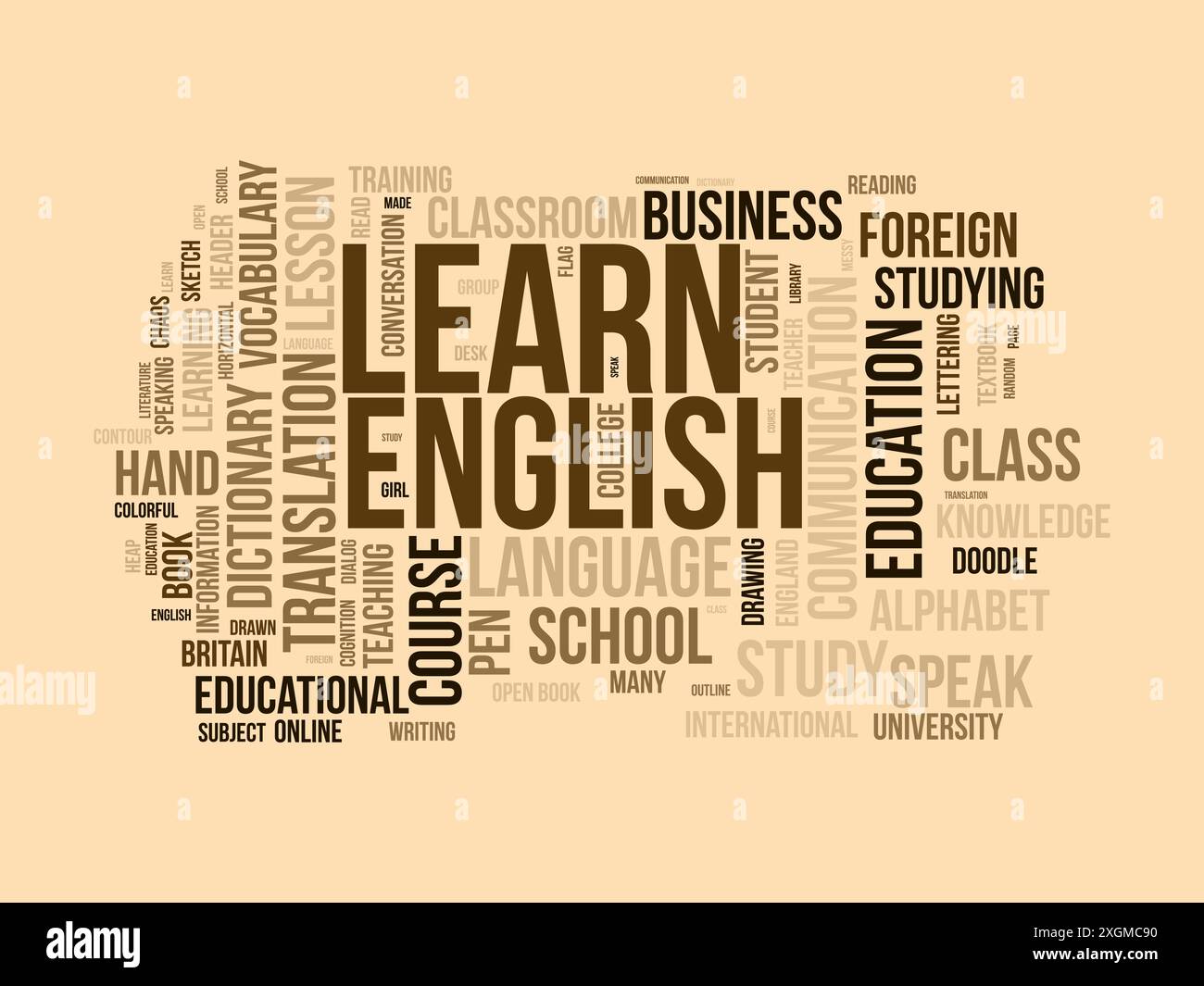 Lernen Sie Englisch Wordcloud-Vorlage. Vektorhintergrund für Bildungskonzepte. Stock Vektor