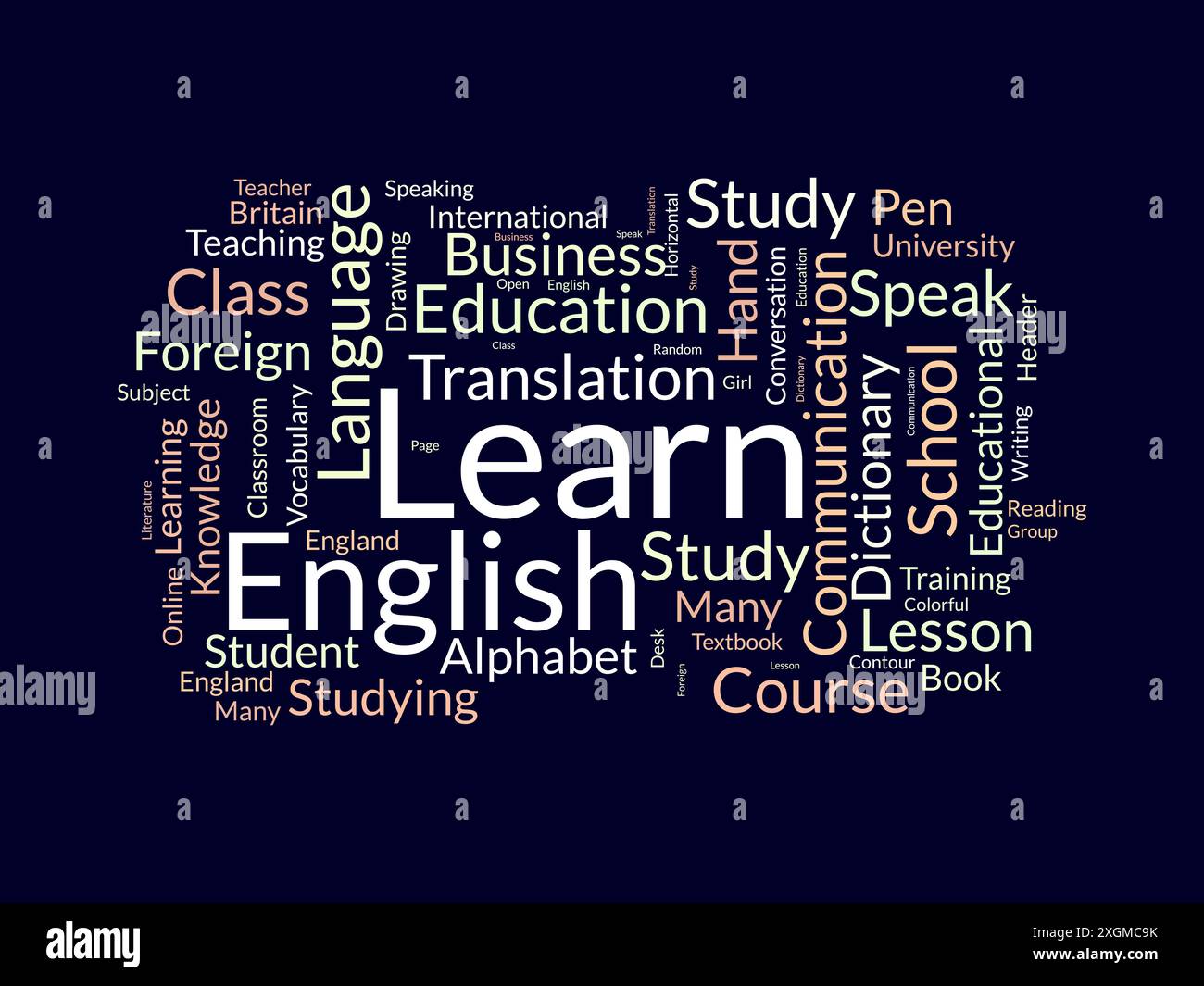 Lernen Sie Englisch Wordcloud-Vorlage. Vektorhintergrund für Bildungskonzepte. Stock Vektor